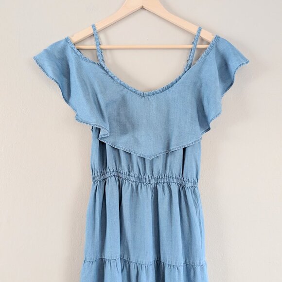 Roxy Y2K Chambray Ruffle Tiered Off the Shoulder Summer Maxi Dress XS - Picture 3 of 9
